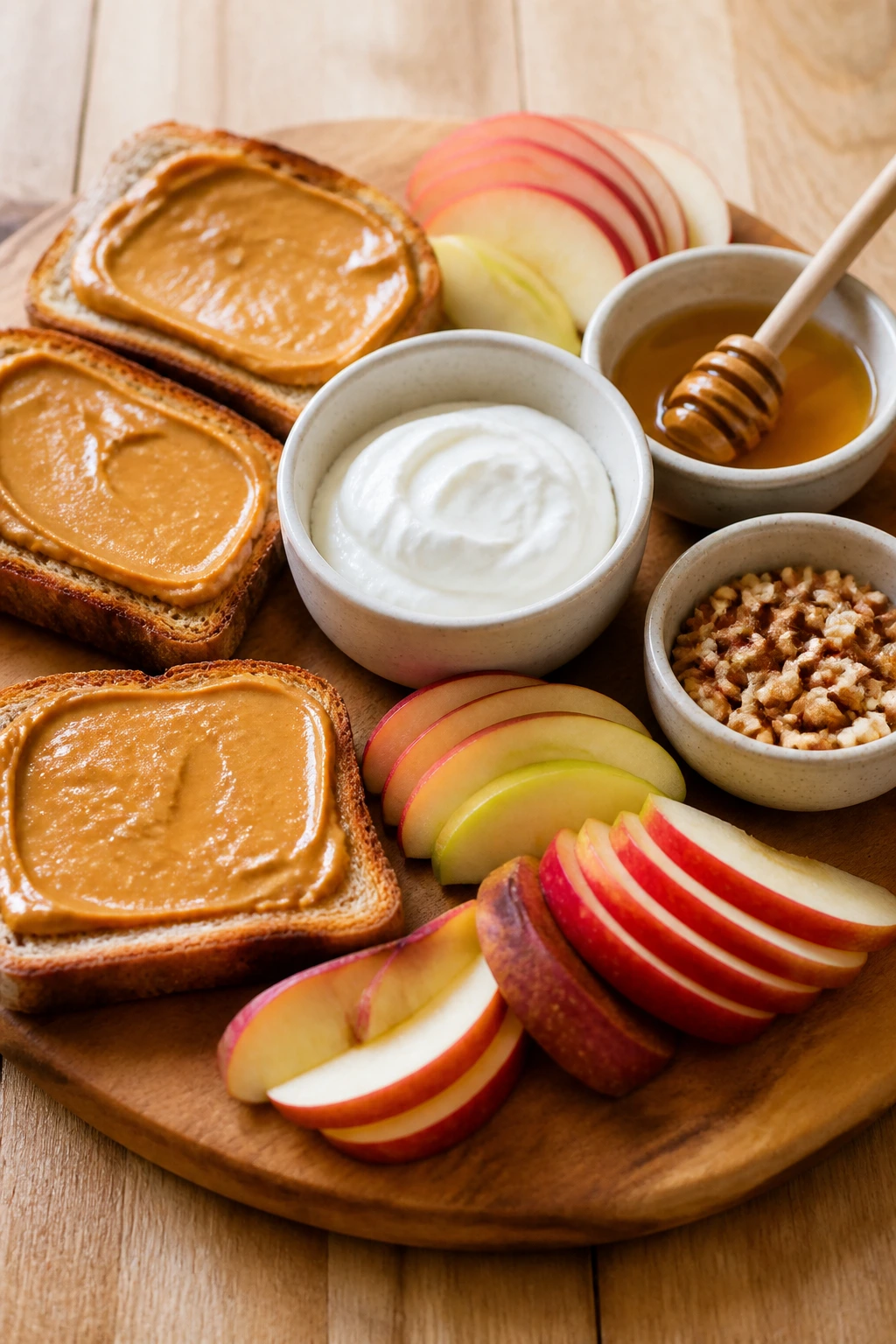 Breakfast board with apple slices and peanut butter on toast