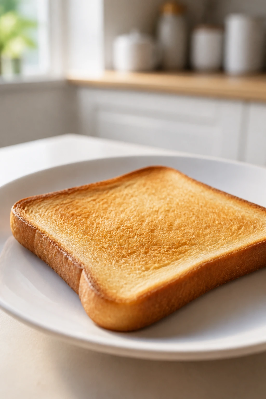 Close-up of a plain slice of toast on a plate in a bright kitchen