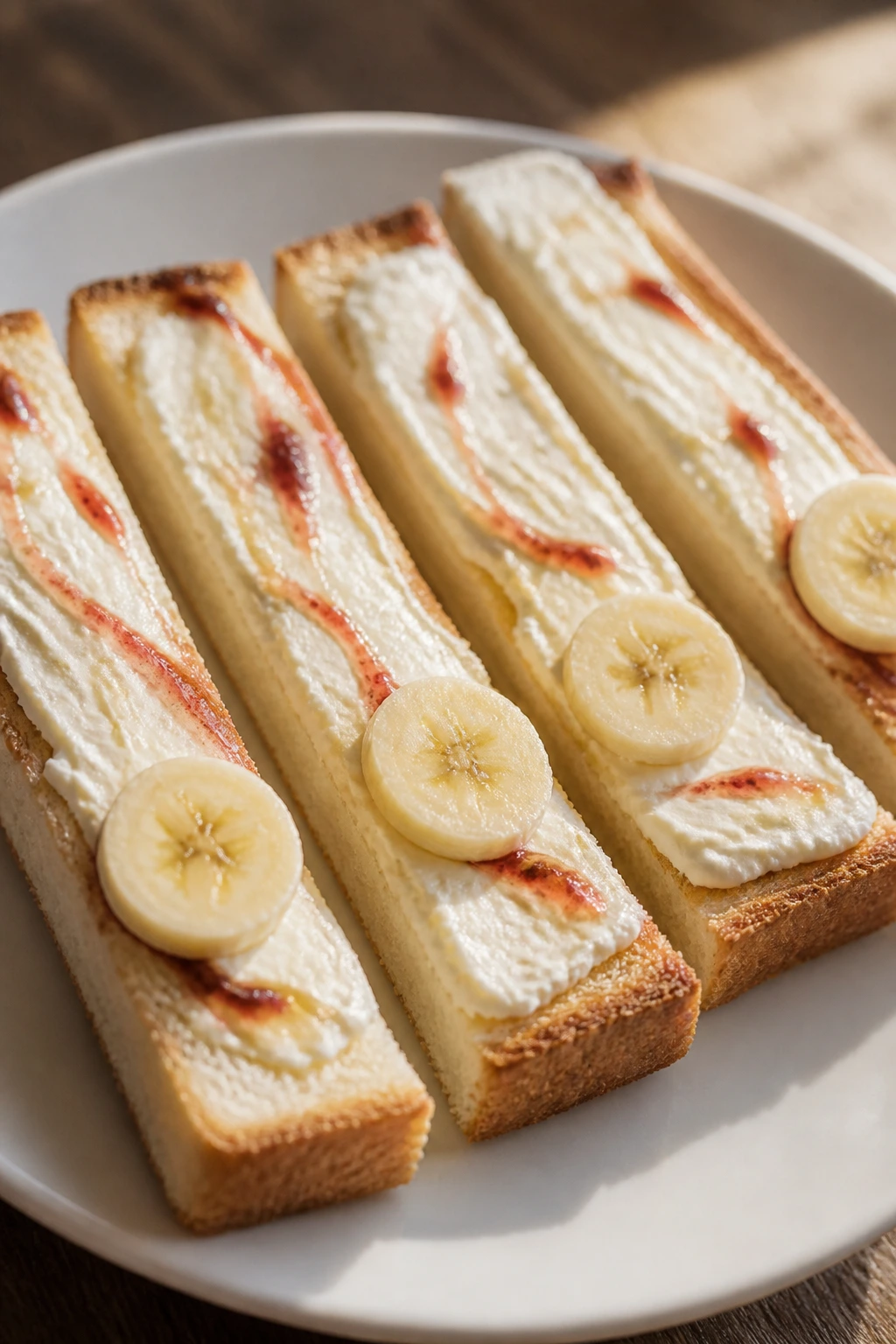 Close-up of cream cheese toast soldiers on a plate, ready for dipping