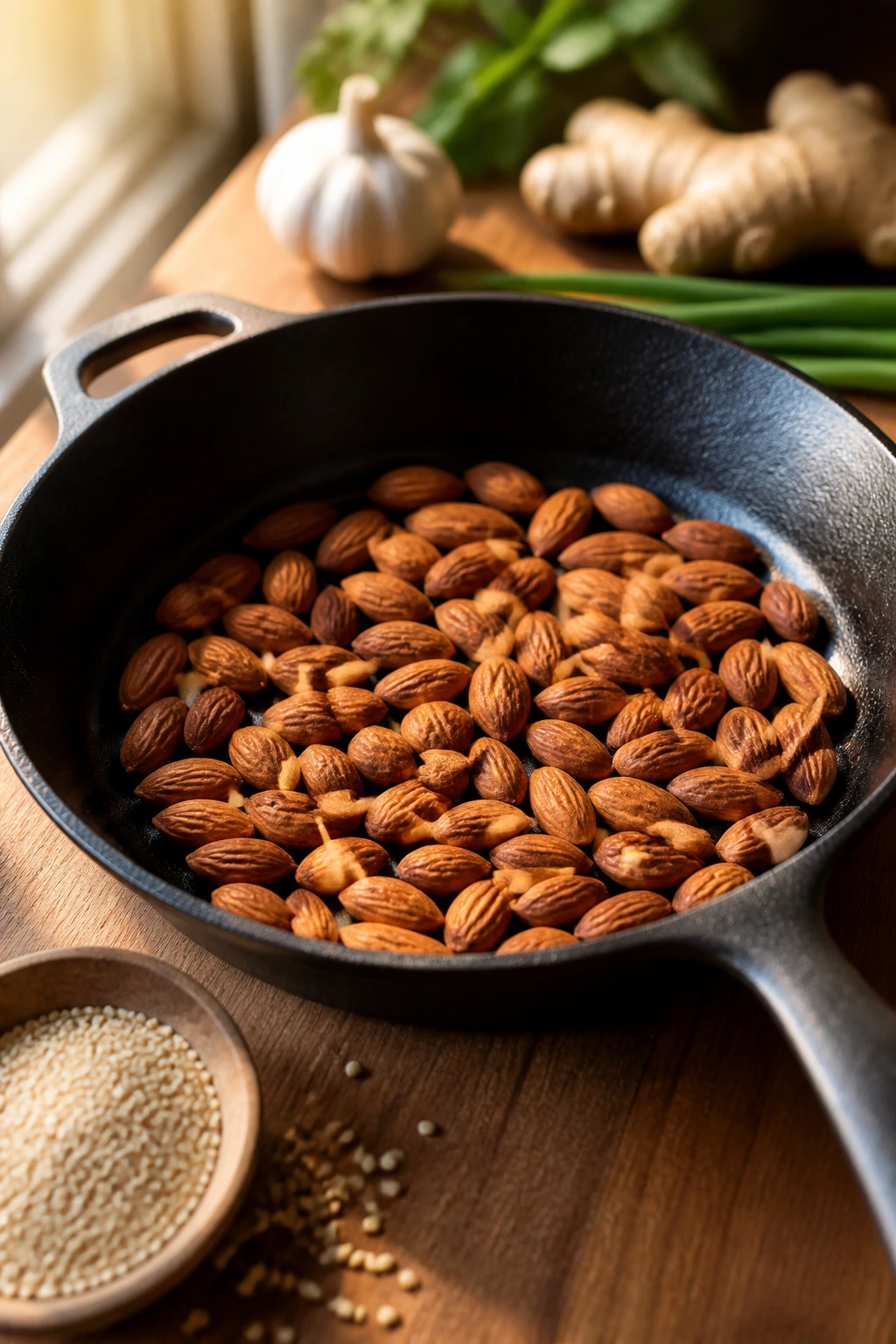 Close-up of almonds toasting in a skillet with sesame seeds on a wooden counter