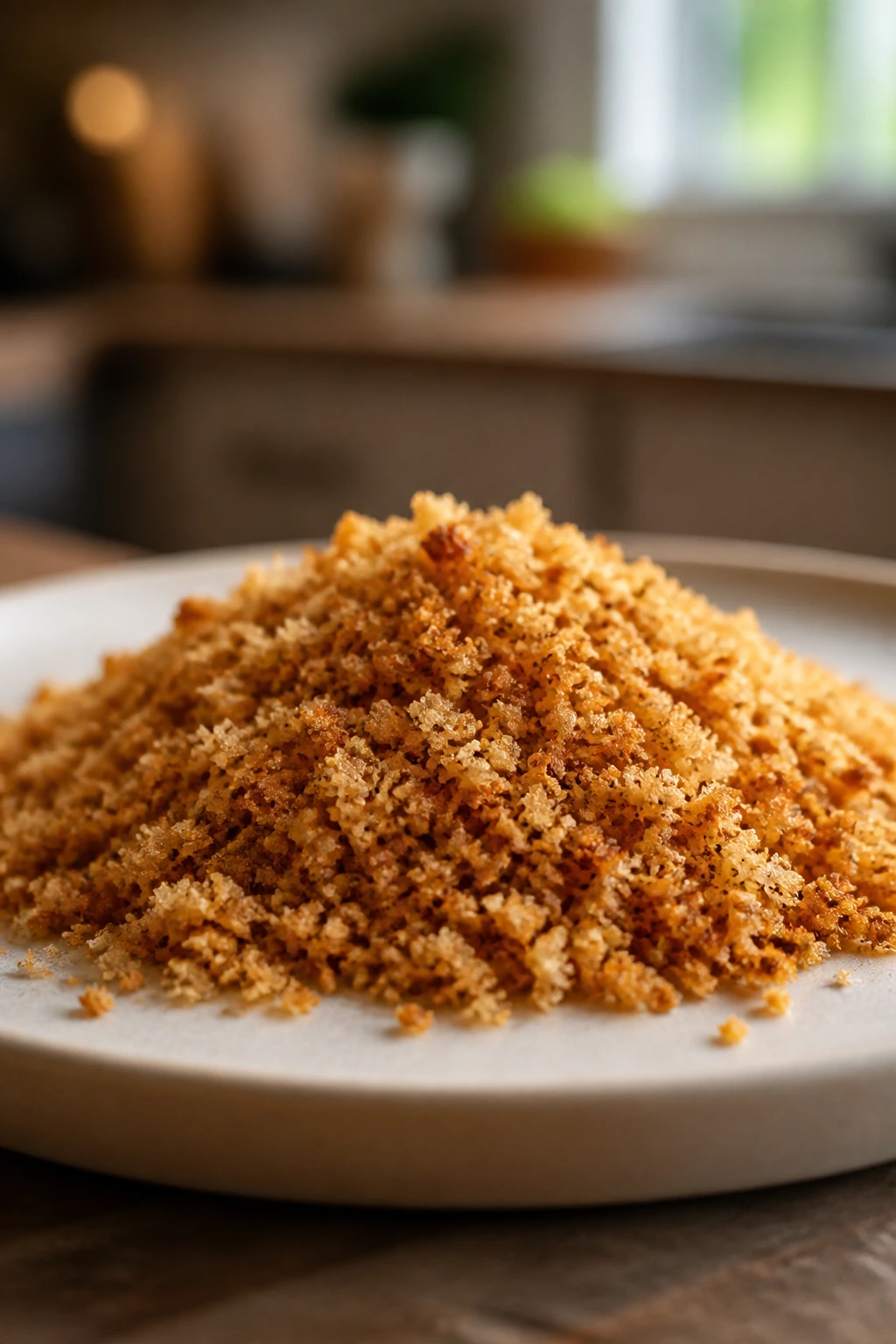 Golden toasted breadcrumbs on a plate