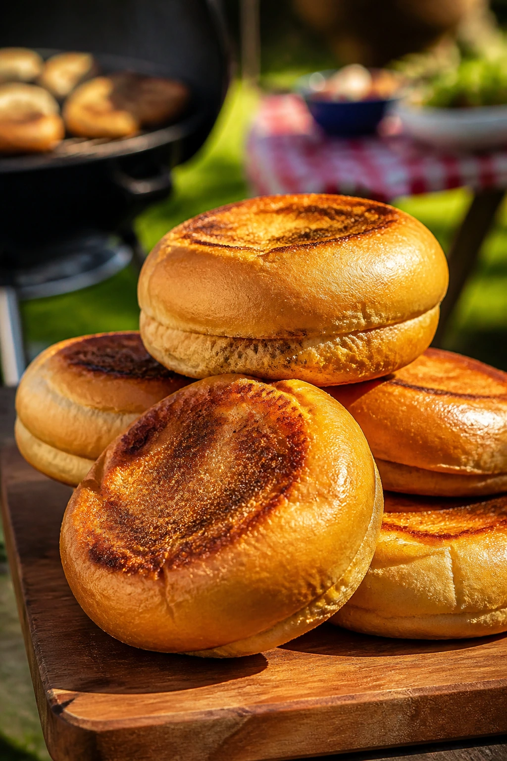Toasted buns stacked on a wooden board for handheld burgers