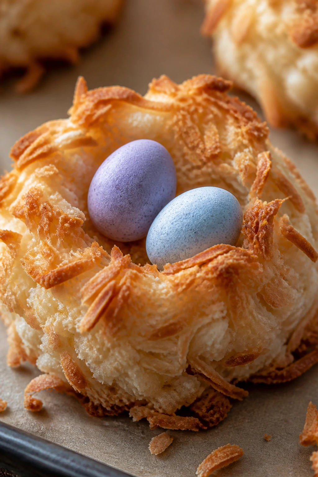 Close-up of Toasted Coconut Nest Cookies with toasted coconut and mini eggs