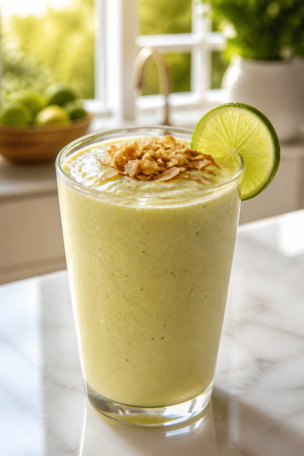 Toasted coconut lime smoothie in a glass with coconut topping