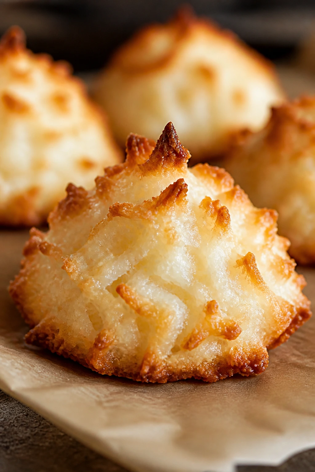 Close-up of a toasted coconut macaroon on parchment