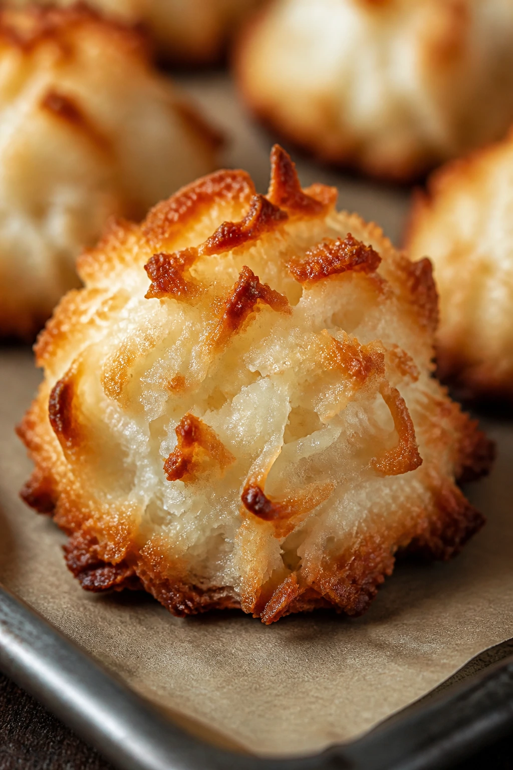 Close-up of a toasted coconut macaroon on parchment in a warm kitchen