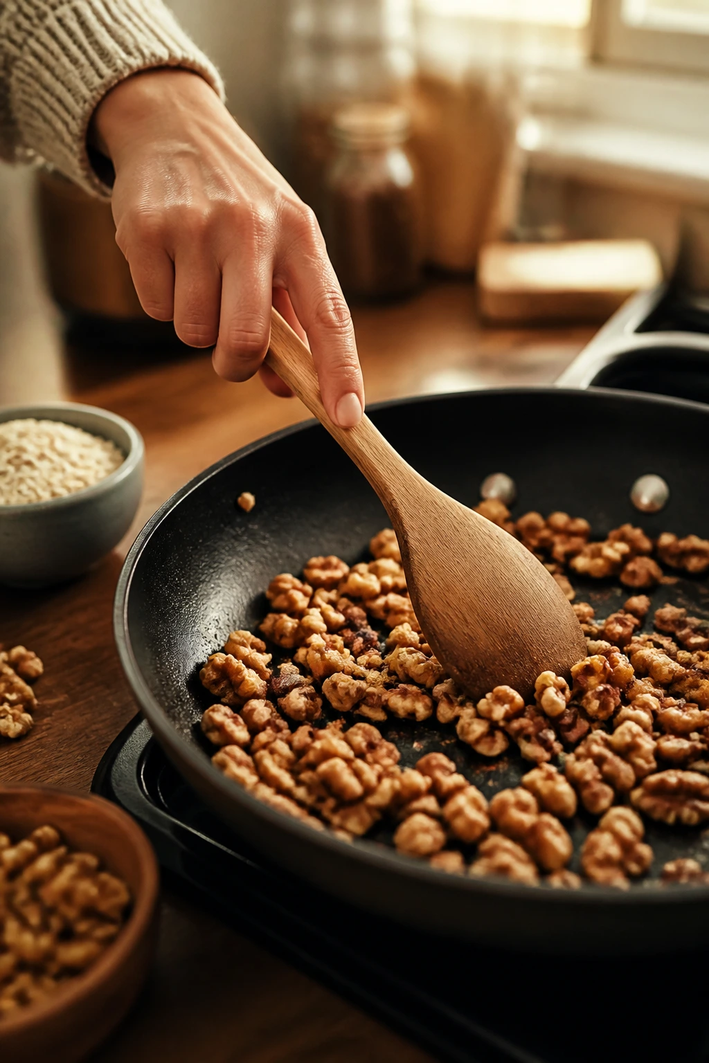 Close-up of a hand toasting chopped nuts in a skillet for flavor tips