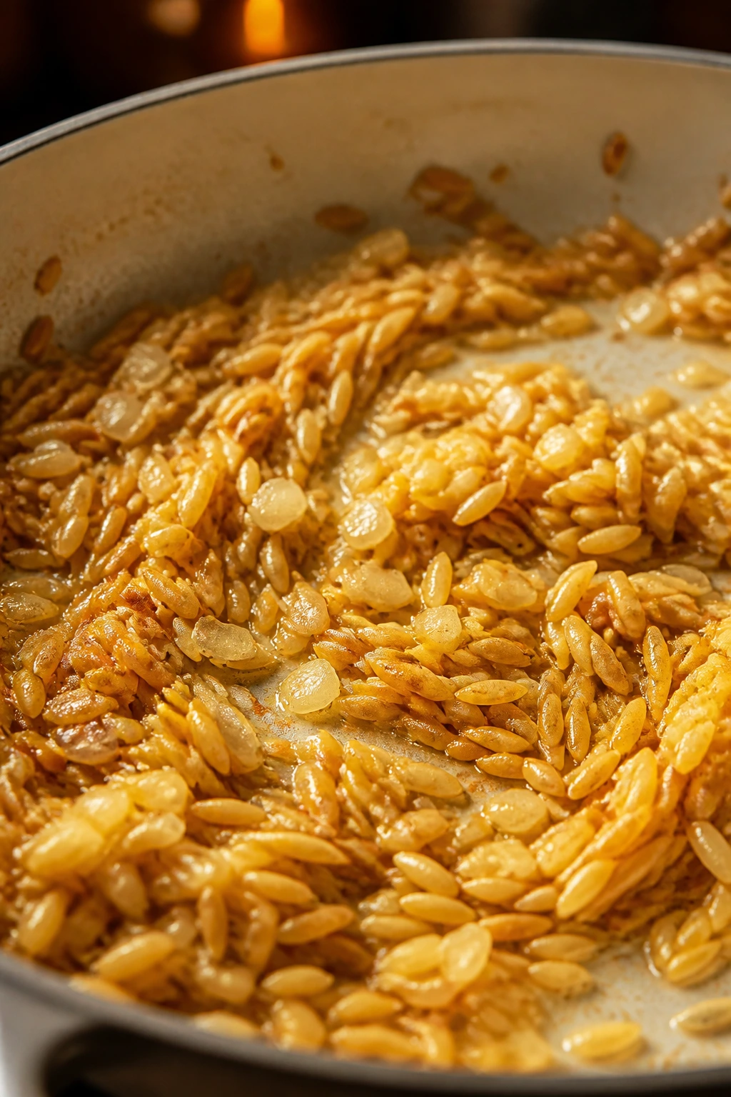 Orzo toasting in a pan with onion and garlic for a creamy sauce