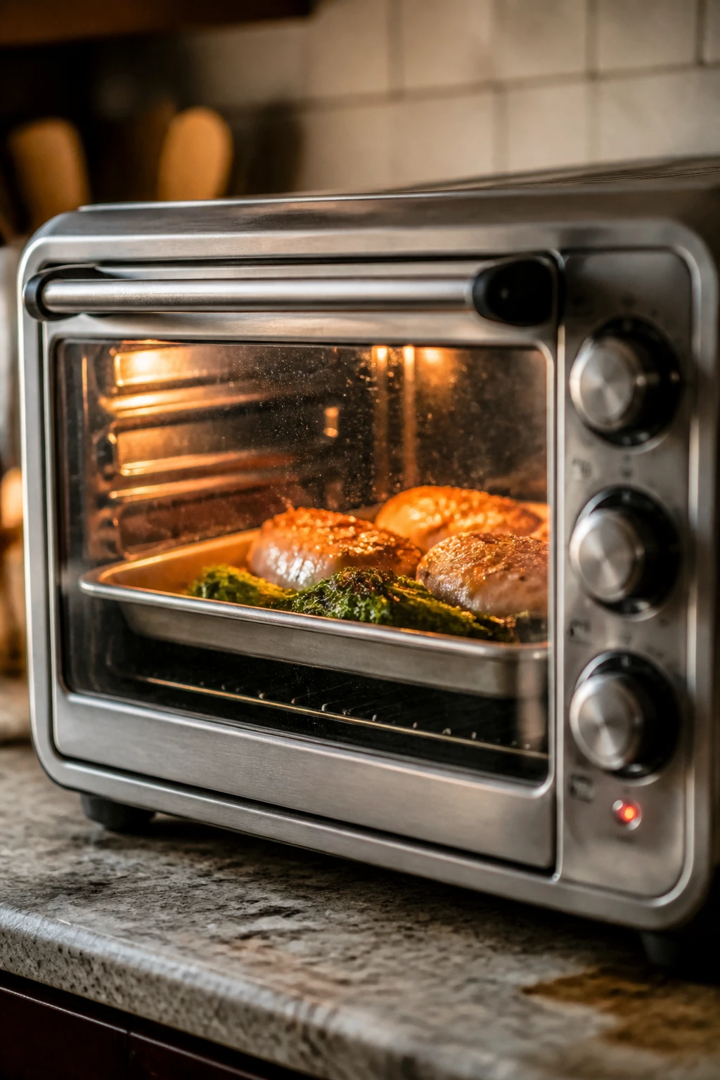 Toaster oven browning food inside on a kitchen counter