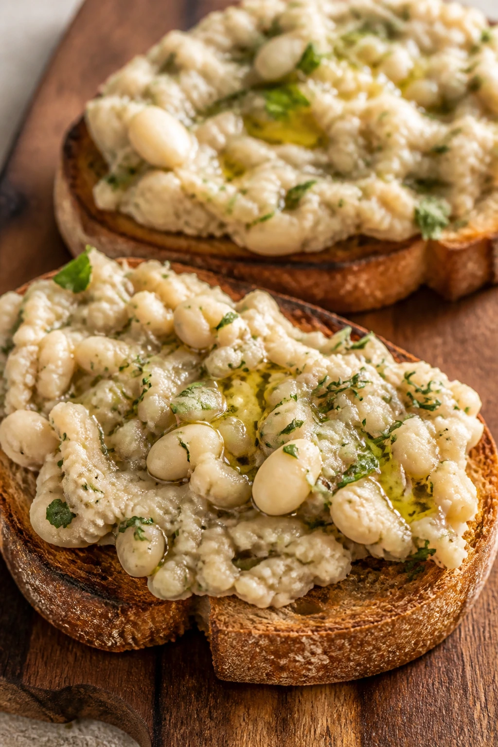 Open-faced toasts with smashed white bean spread and herbs on a wooden board