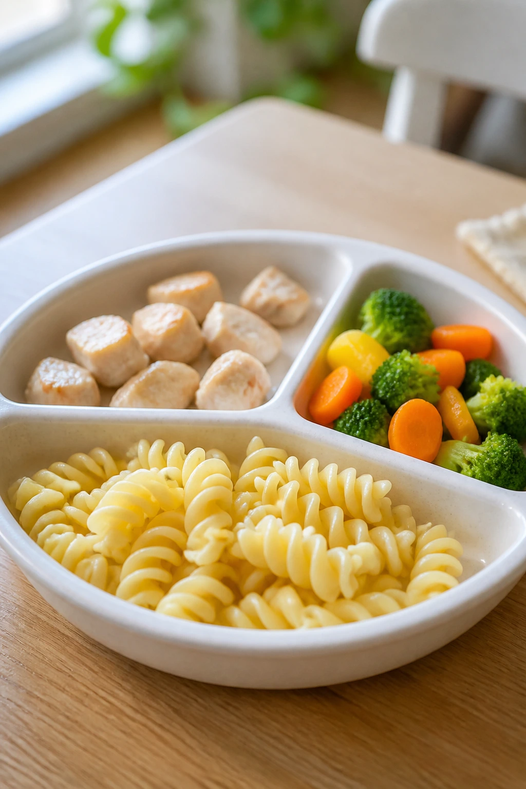 Close-up of a divided toddler plate with pasta, chicken, and vegetables on a sunlit kitchen table
