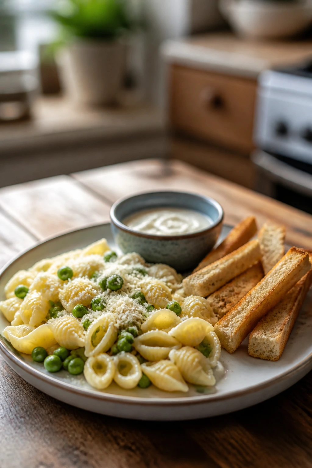 Close up of a toddler plate with small portions of pasta peas and dip in a warm kitchen
