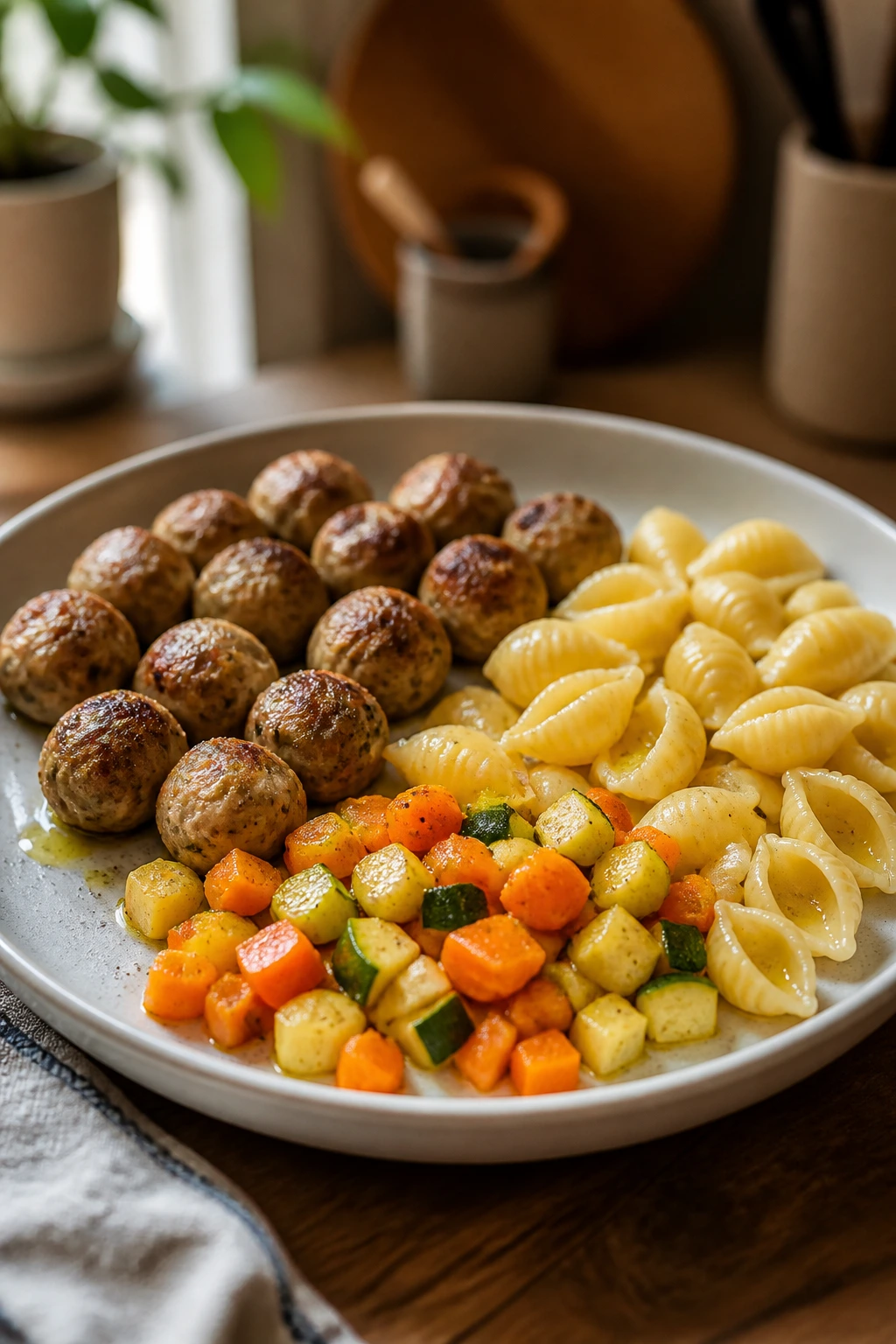 Plate with tiny-bite meatballs, shells pasta, and diced vegetables for toddler variations