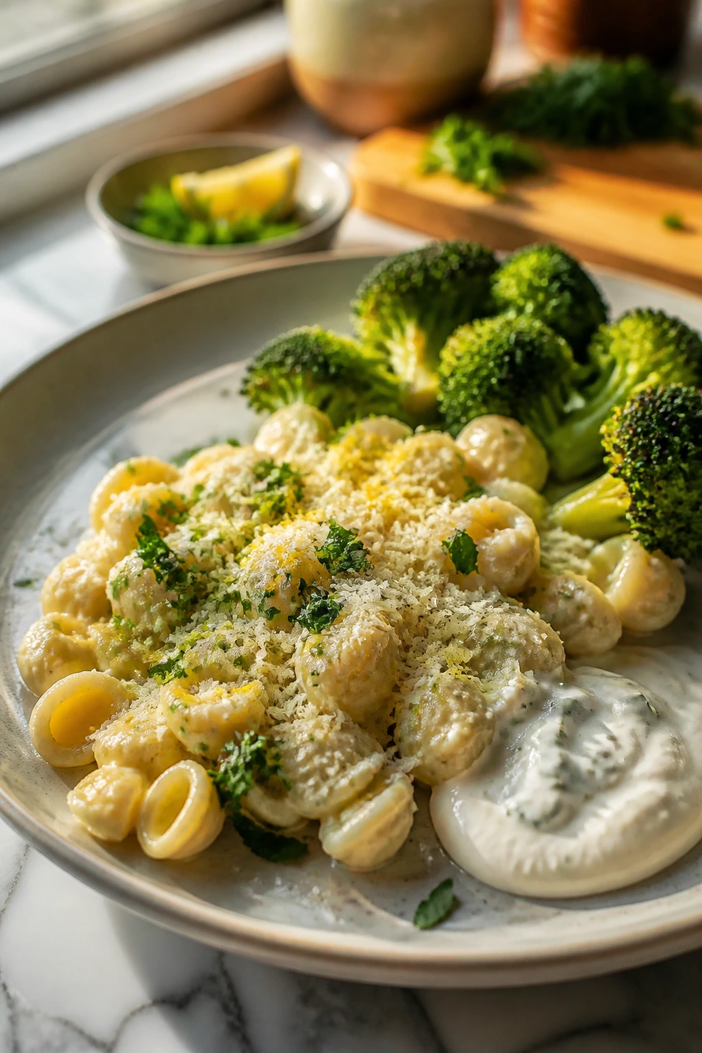 Close-up of a toddler-friendly plate with lemon zest, parsley, and parmesan for flavor boosters