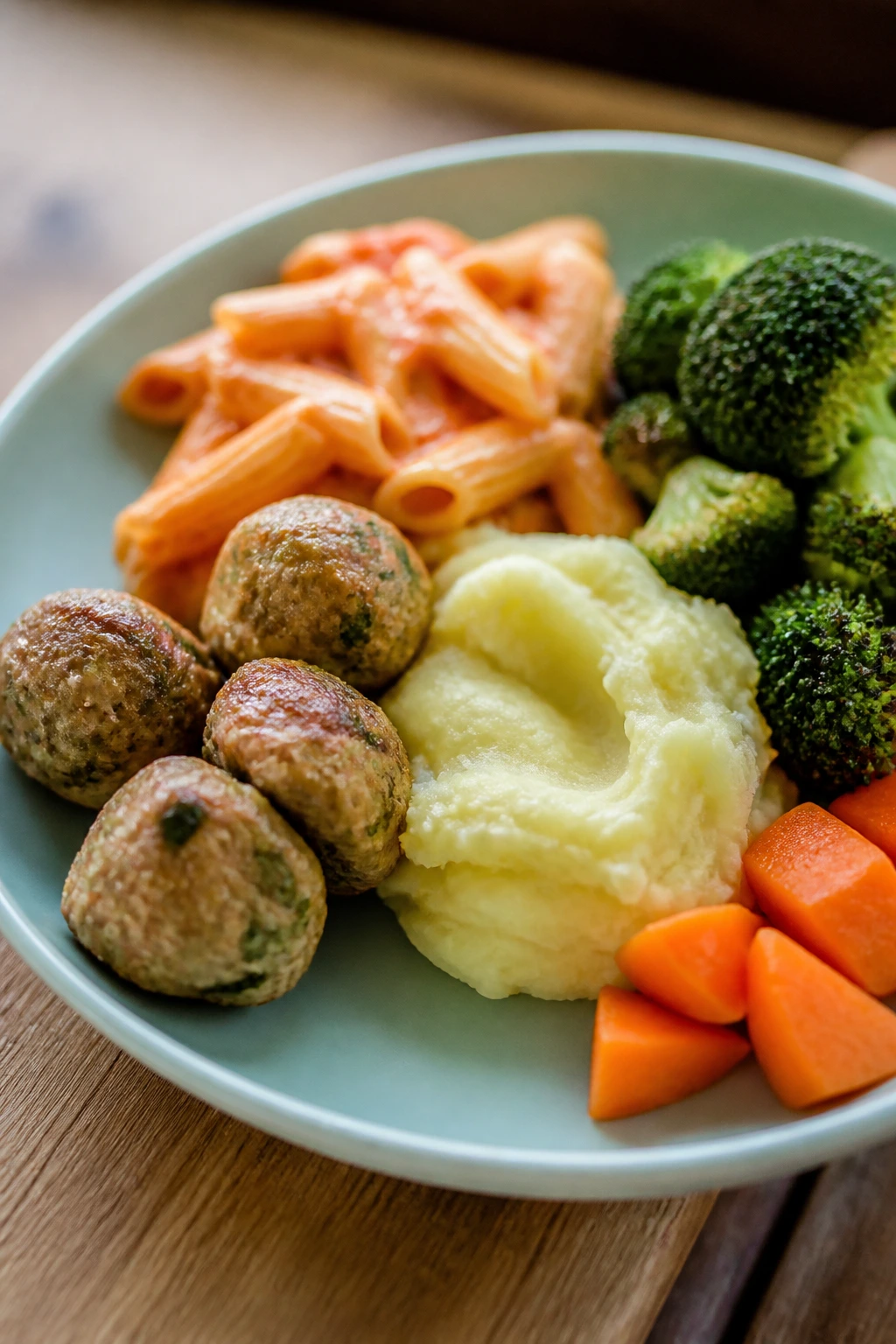 Close-up plate of toddler dinners emphasizing soft textures and familiar shapes