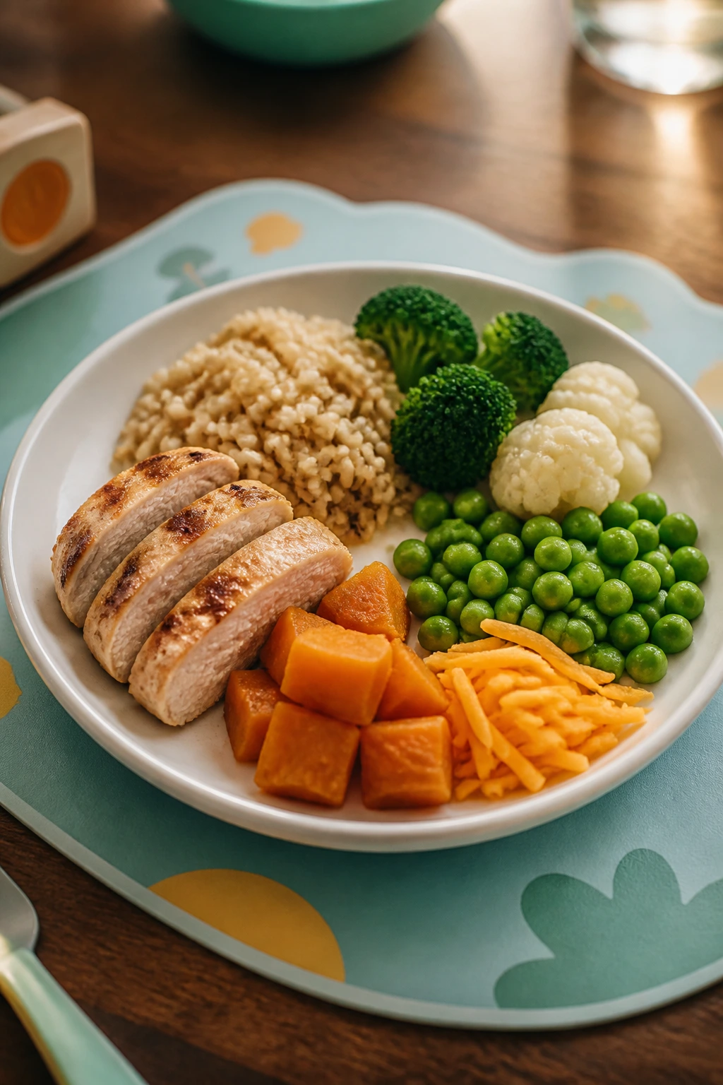 Close-up of a toddler plate with small portions on a colorful placemat in a warm kitchen.