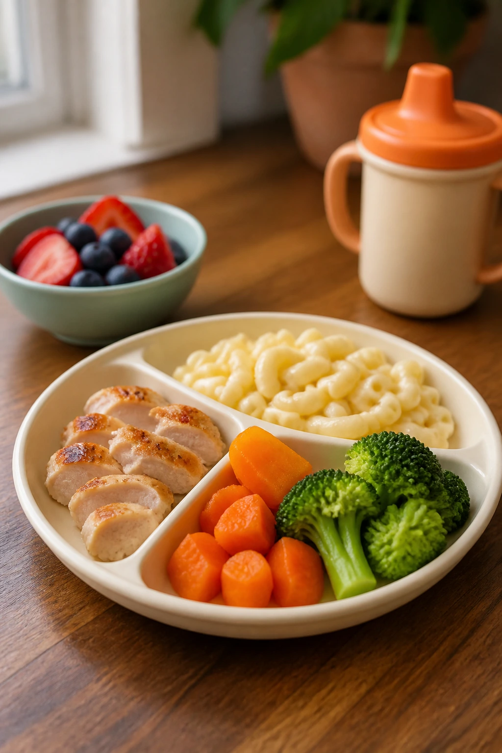 Toddler-friendly plated meal with small portions and fruit