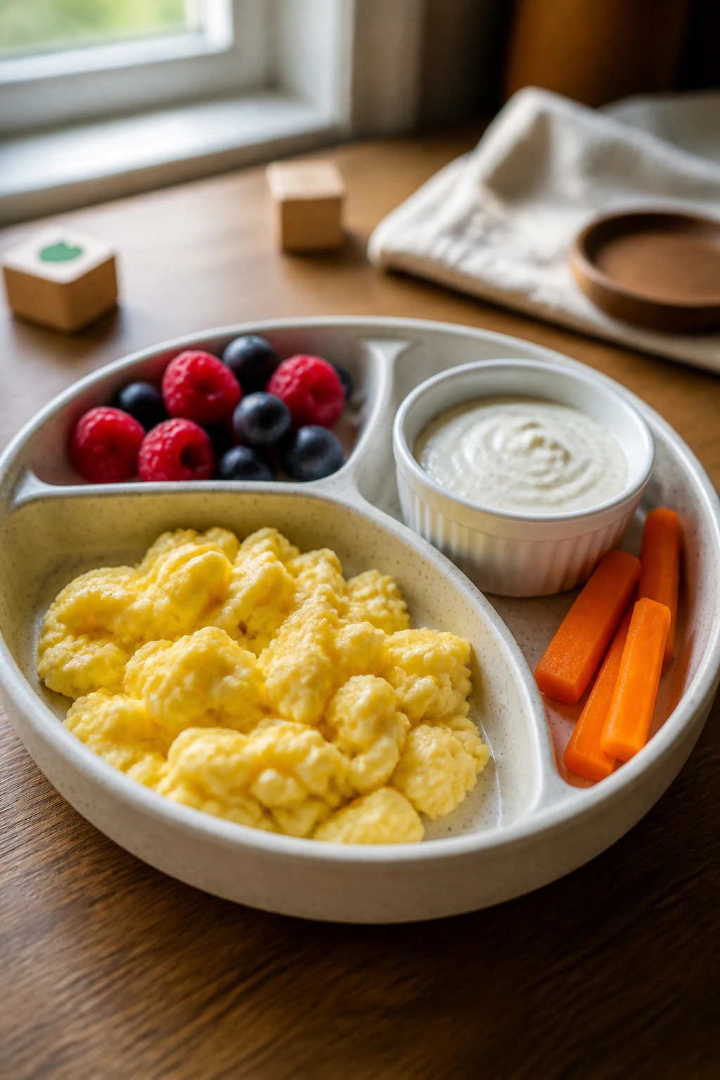 Divided plate with separated foods and a small dip ramekin for a toddler