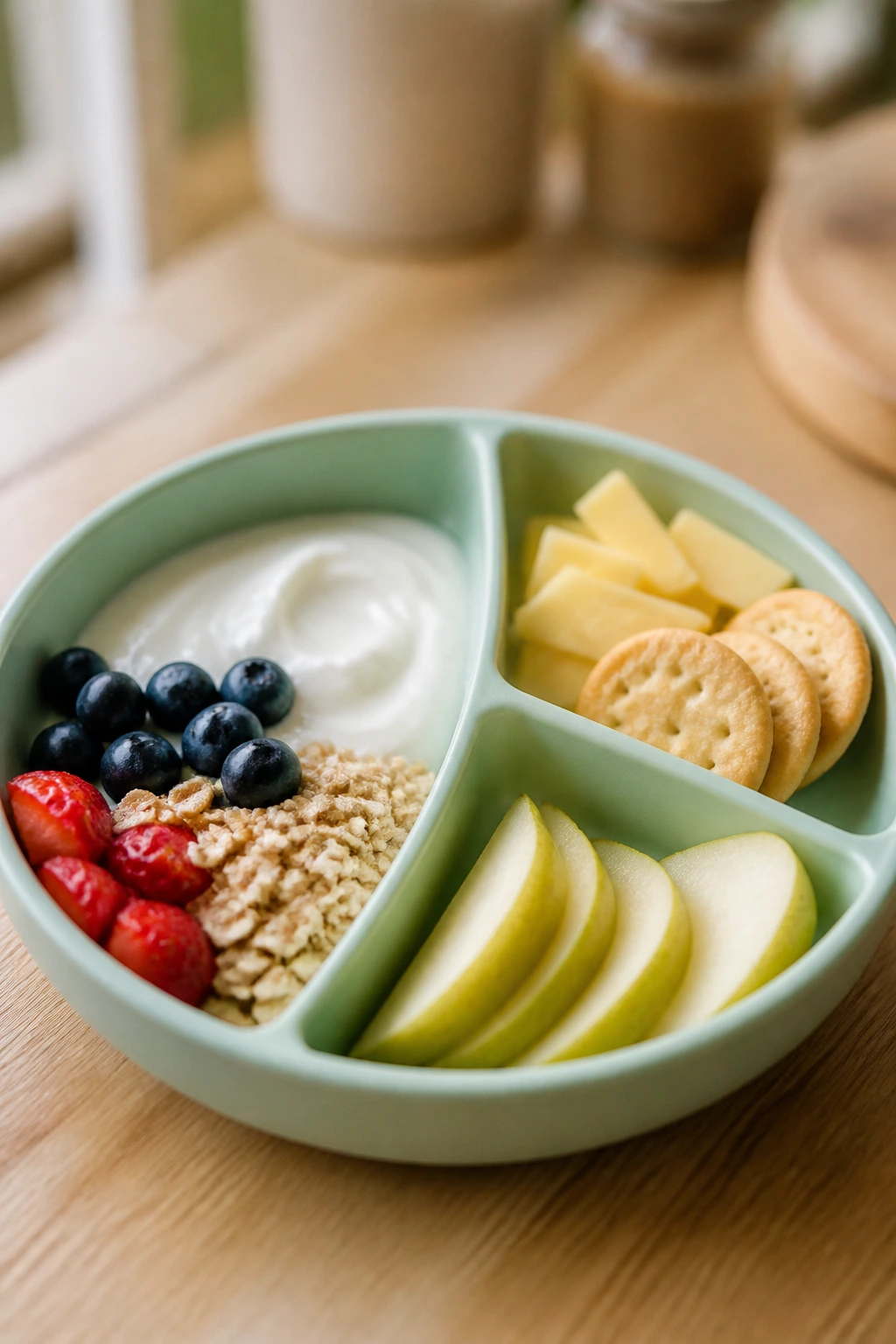 Close-up of a divided toddler plate with yogurt, berries, oats, cheese, crackers and pear slices on a wooden table