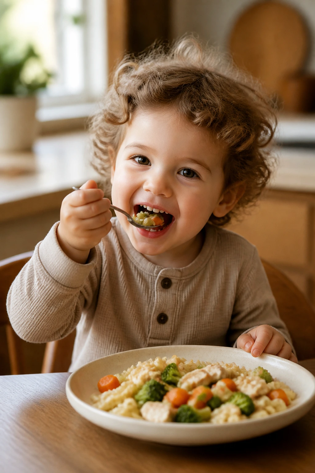Portrait of a toddler eating soft familiar food at home