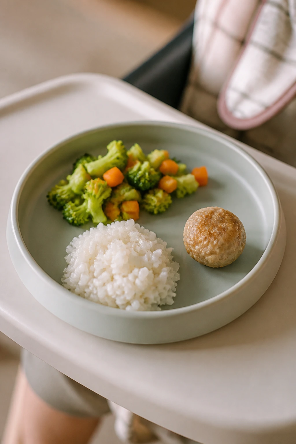 Plate with raised edge showing separate piles of toddler-friendly dinner