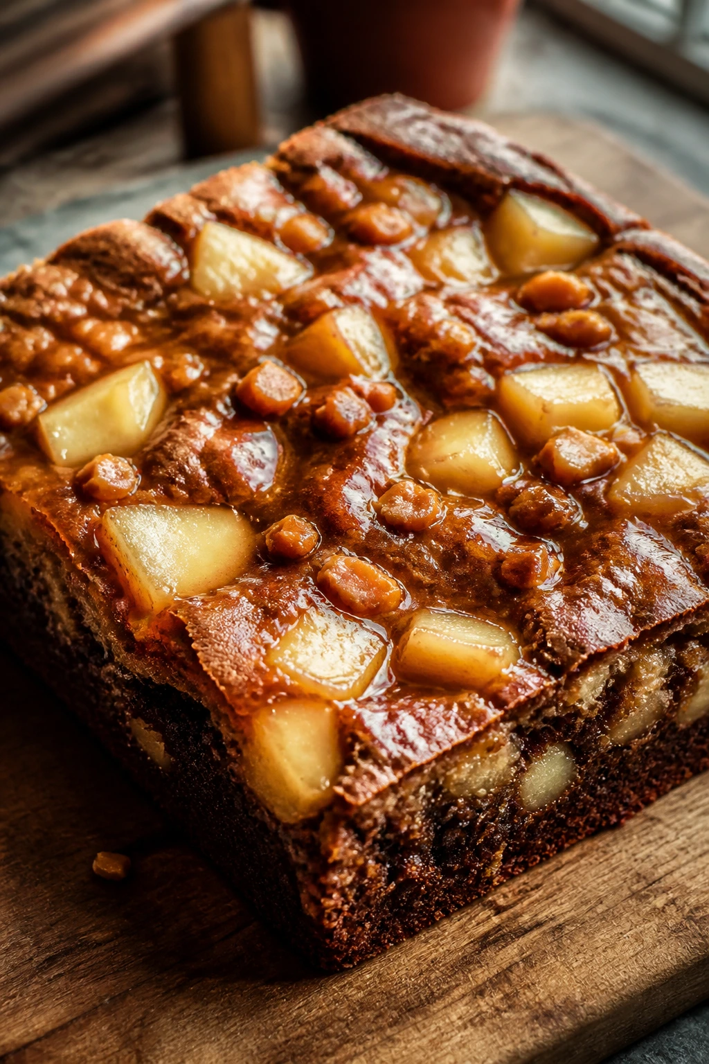 Close-up of a toffee apple brownie square with apples and toffee bits on caramel surface on a wooden board
