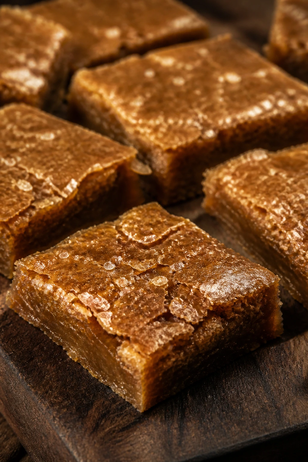 Close-up of brown sugar toffee bars on board