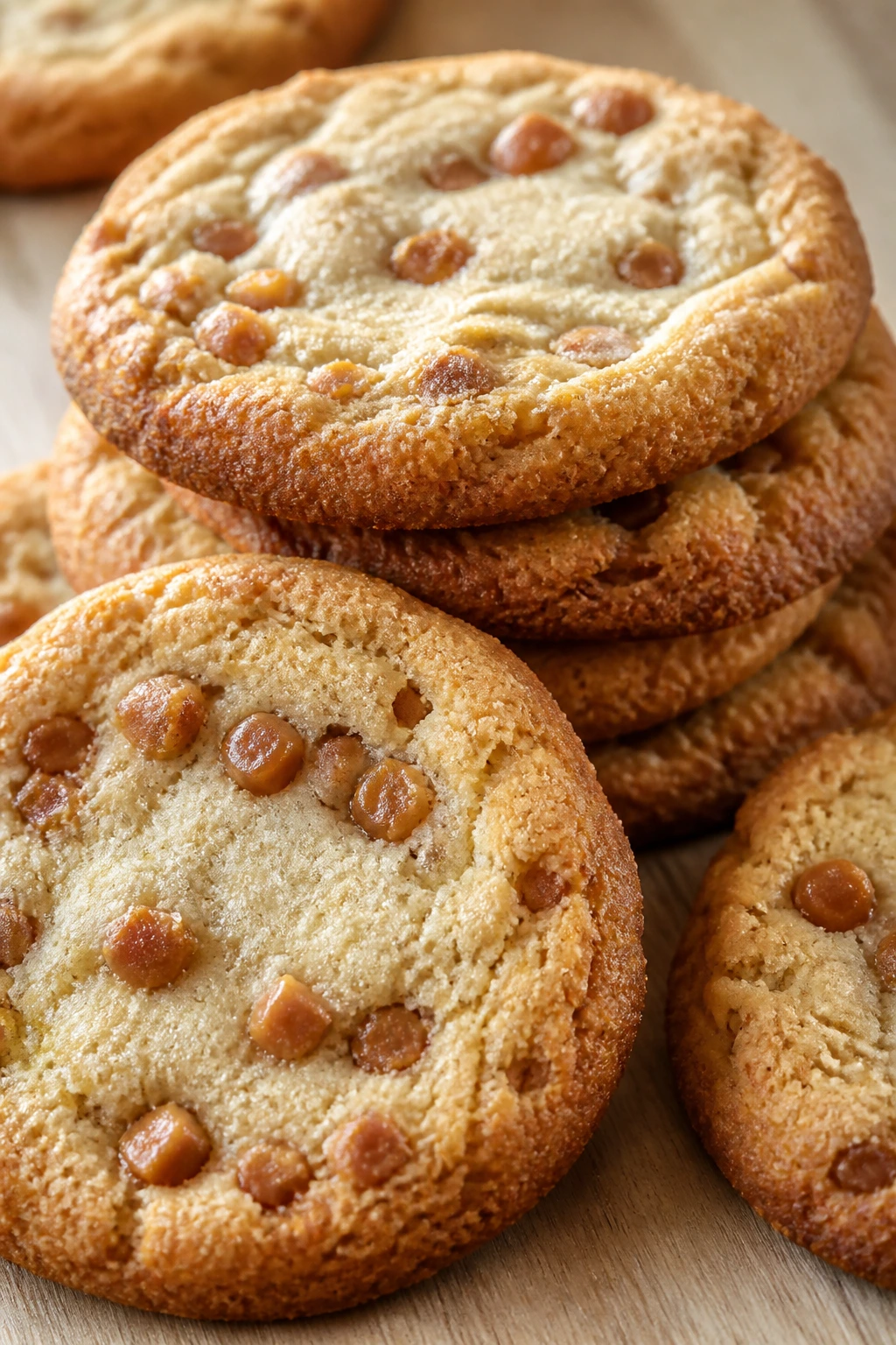 Close-up of toffee chip round cookies with visible toffee bits