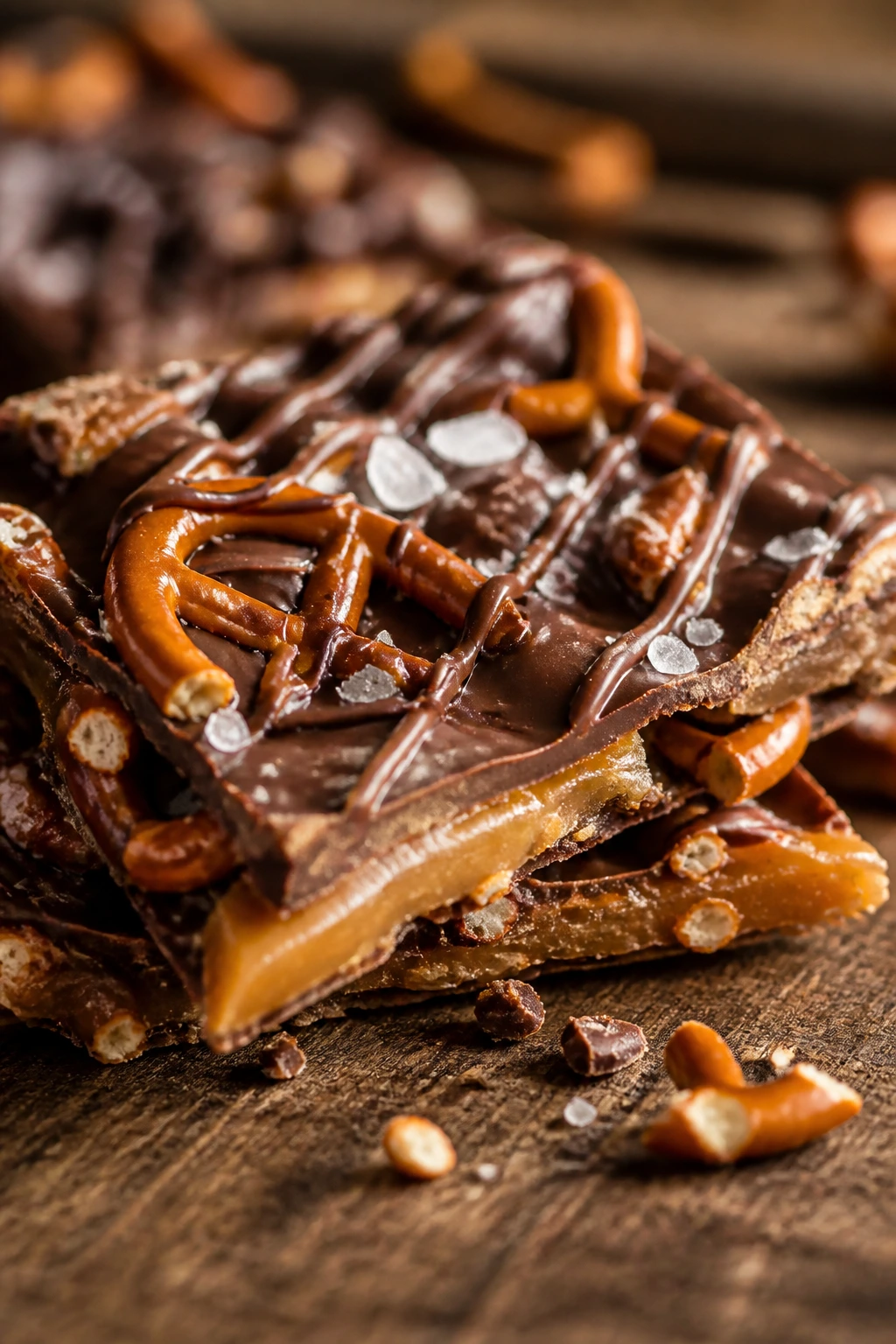 Glossy toffee shard with pretzels and chocolate on wooden board