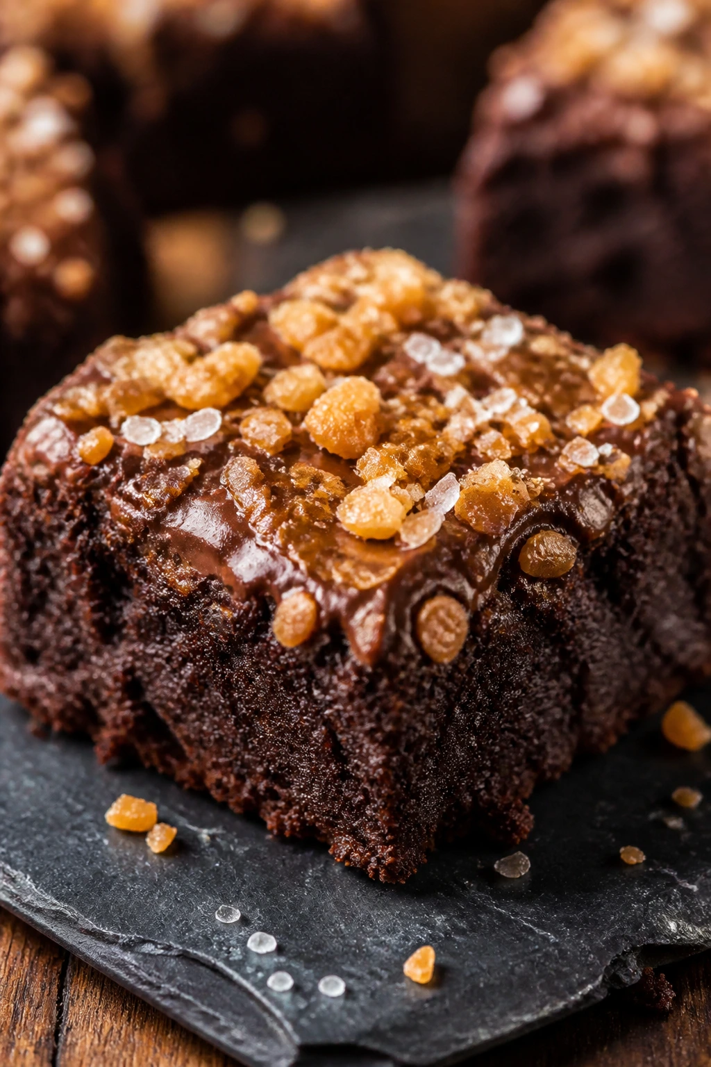 Close-up of toffee crunch brownie with toffee bits on a slate plate