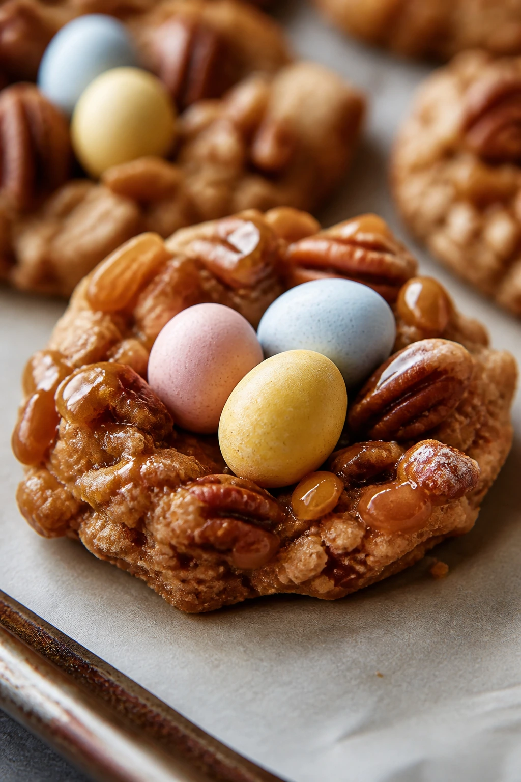 Close-up of a toffee pecan nest cookie on parchment with toffee bits and pecans