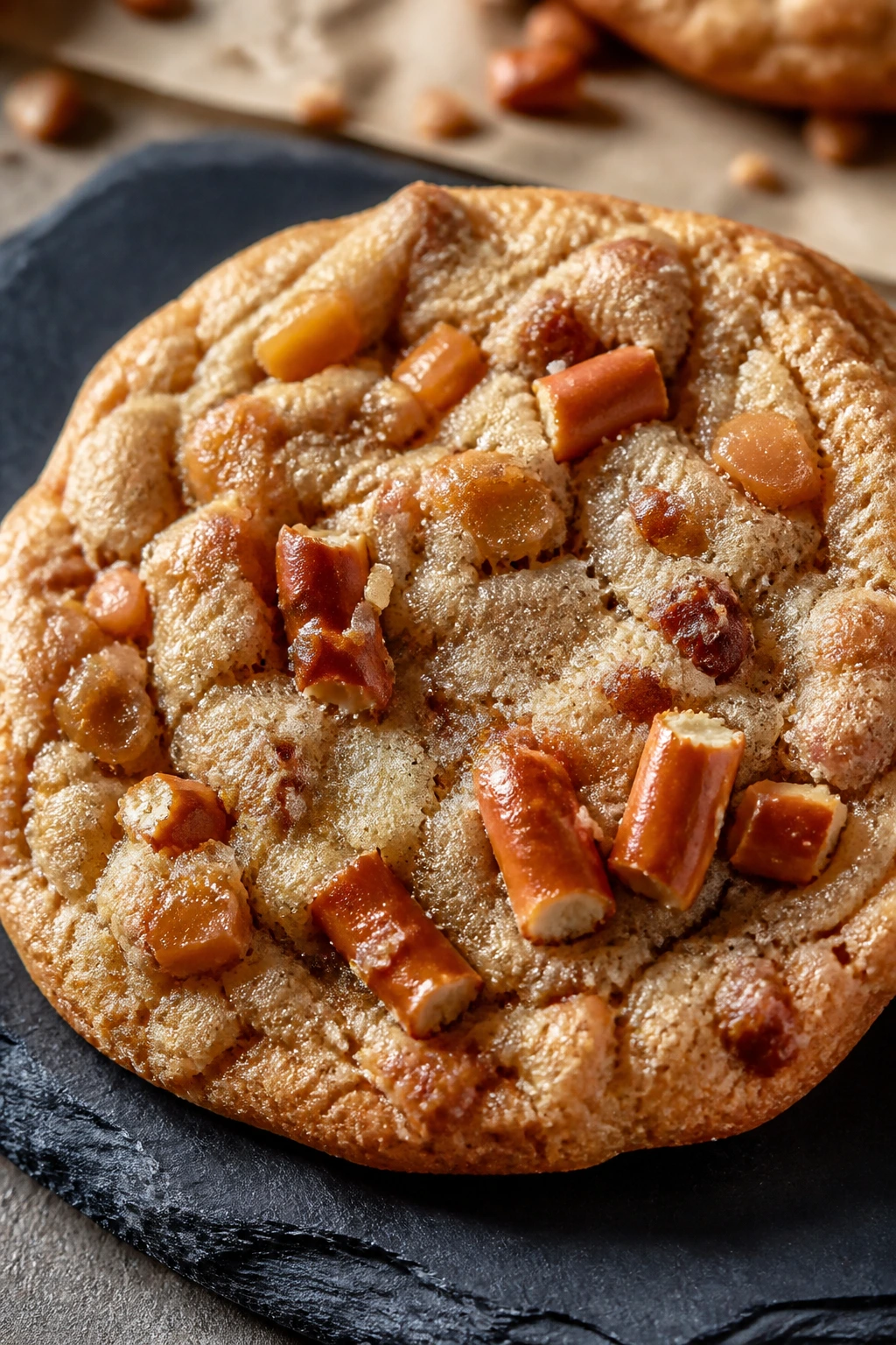 Close-up of Toffee Pretzel Easter Crunch Cookie with toffee bits and pretzels on a dark slate plate