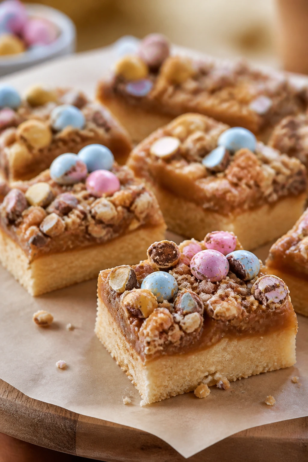 Toffee shortbread bars with candy eggs on a parchment surface