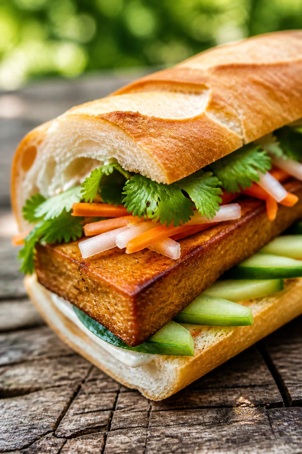 Close-up of Crispy Tofu Bánh Mì filling on a wooden picnic table