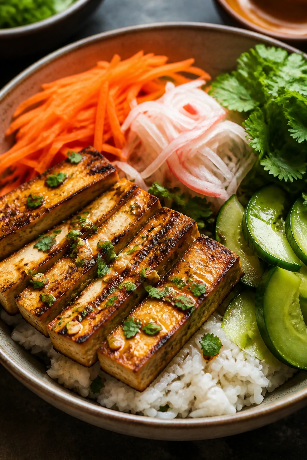 Close-up of a tofu banh mi bowl with veggies over rice