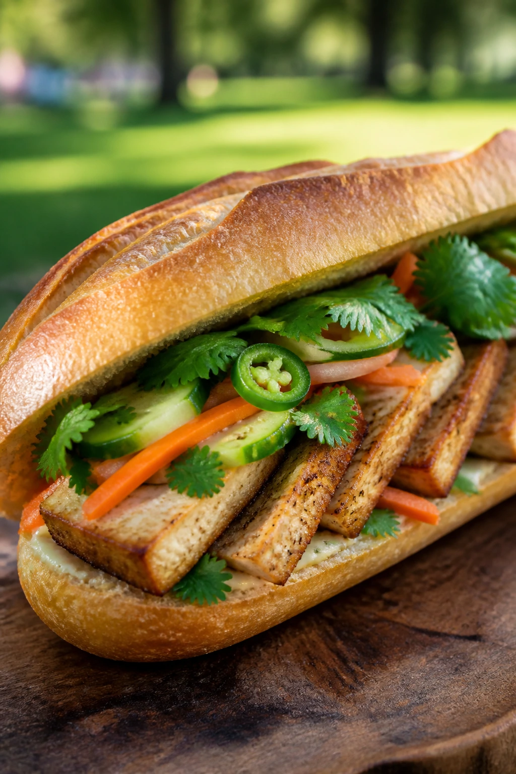Close-up of Tofu Banh Mi sandwich with pickled vegetables on a wooden board outdoors