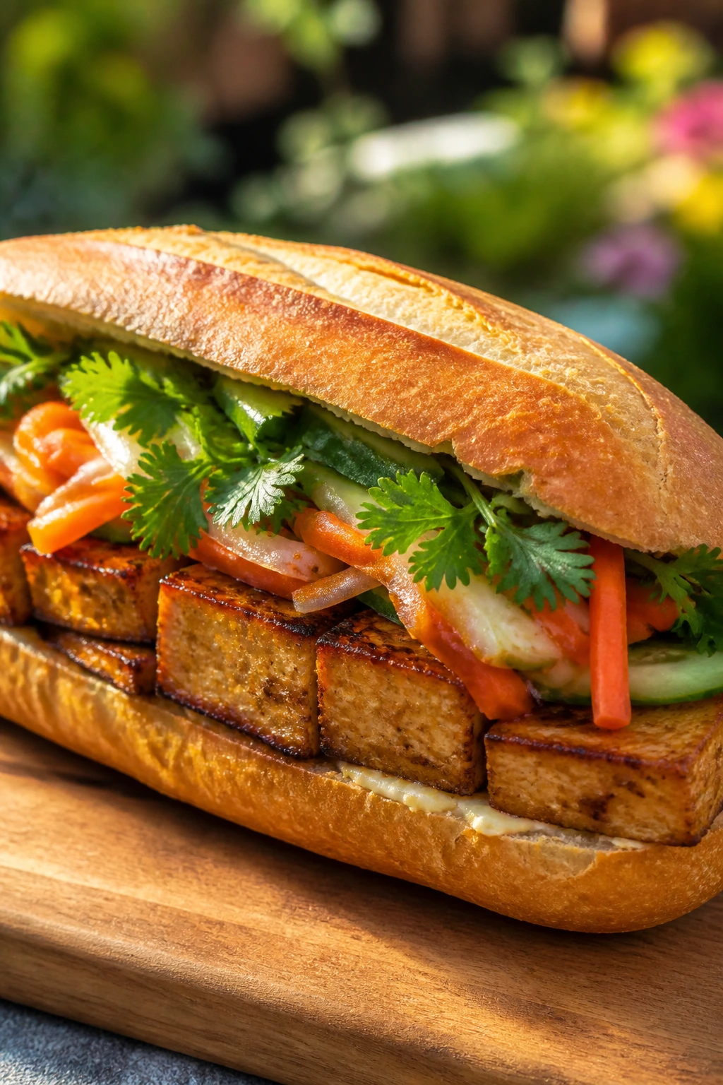 Close-up of tofu banh mi with pickled vegetables and cilantro on a baguette