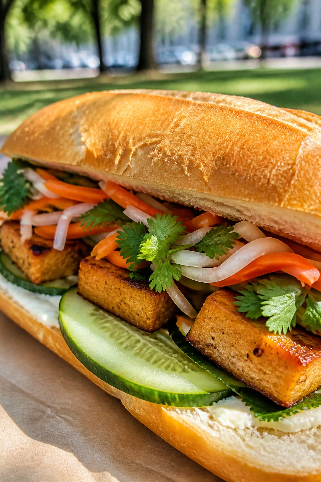Crispy tofu banh mi close-up with pickles and herbs outdoors