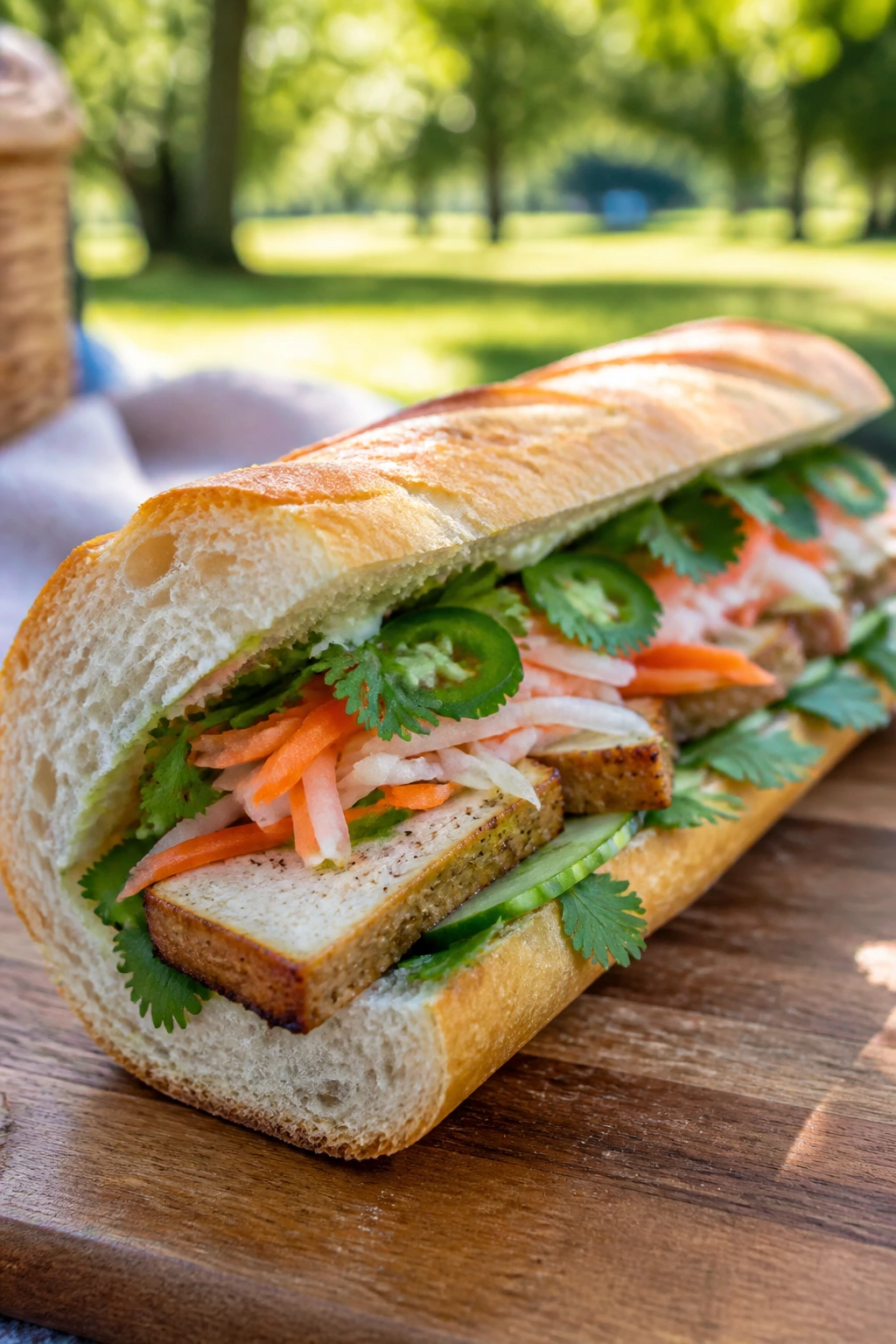 Close-up of Smoked Tofu Banh Mi with tofu, pickles, cucumber, and cilantro