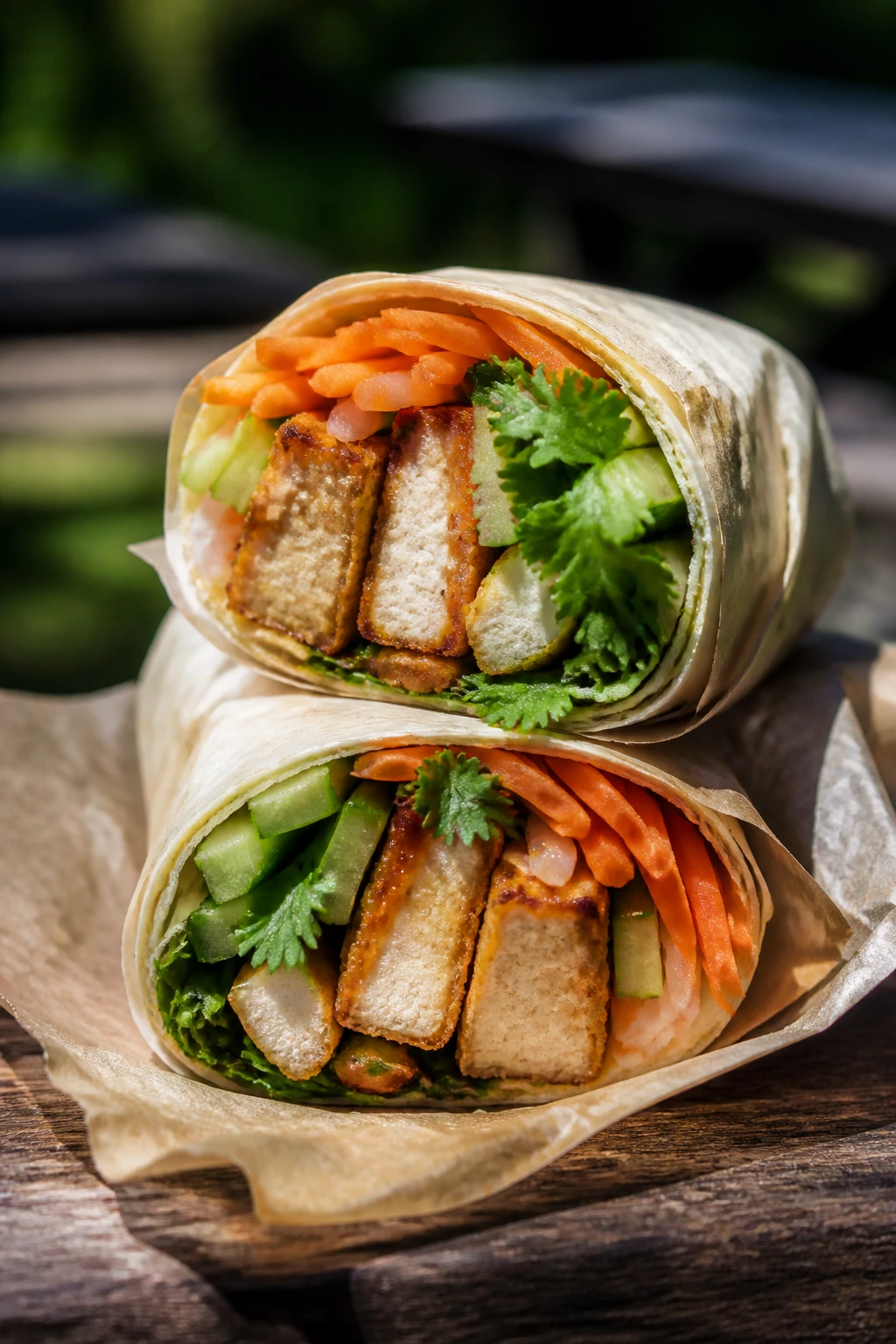 Close-up of crispy tofu banh mi wrap on parchment at a picnic.