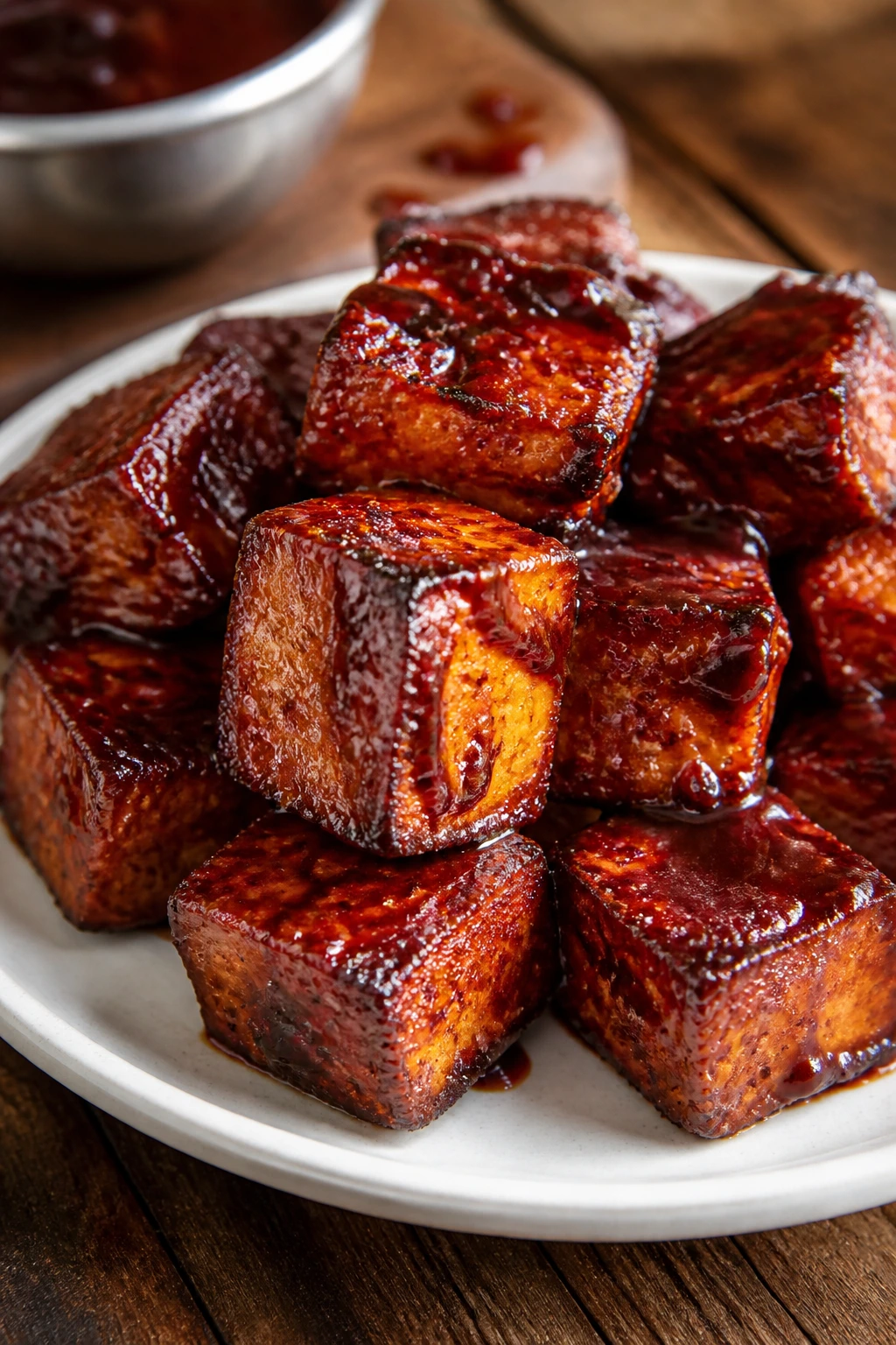 Close-up of glossy roasted BBQ tofu cubes on a plate with a sticky glaze