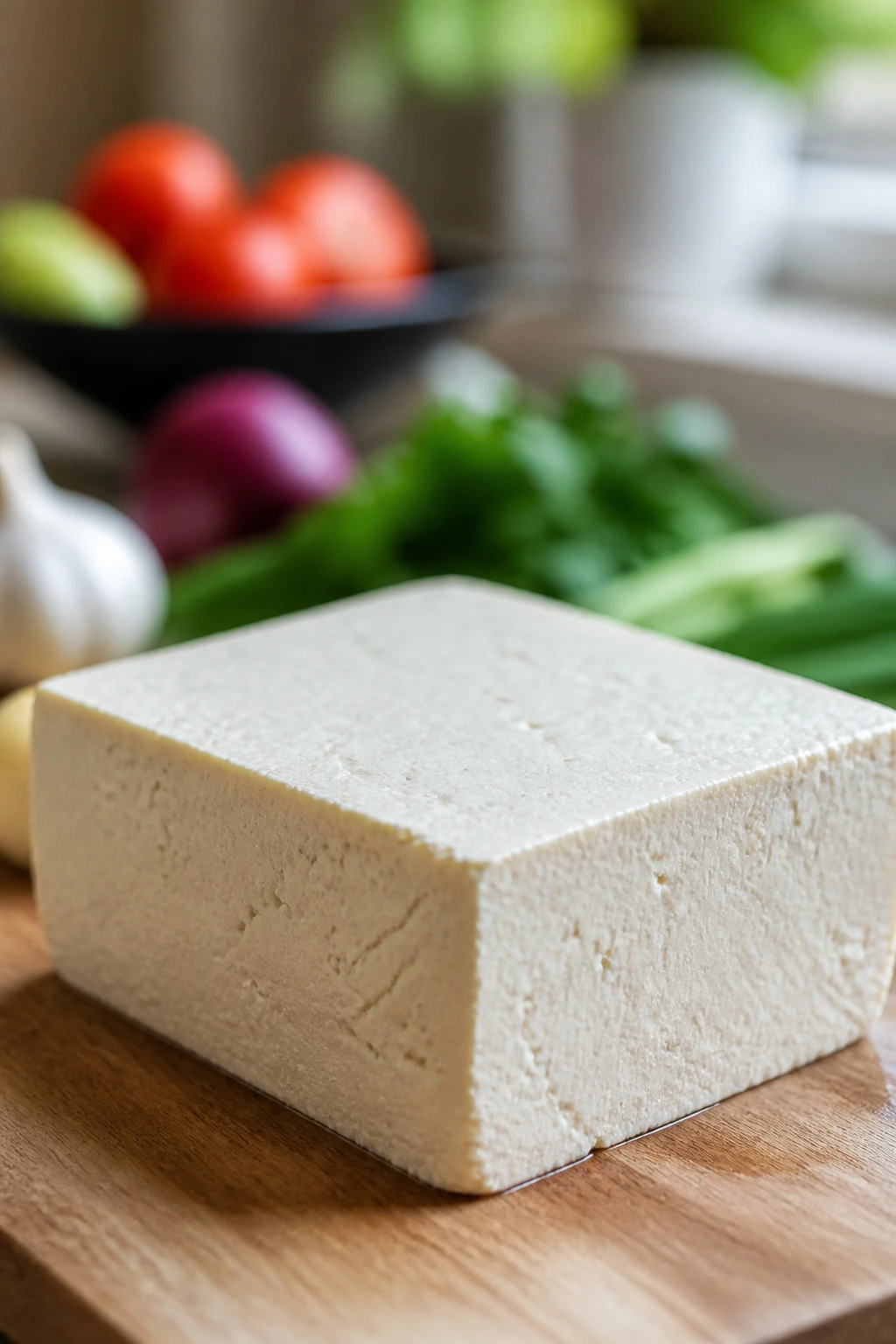 Tofu block as protein anchor on cutting board for smart shopping.