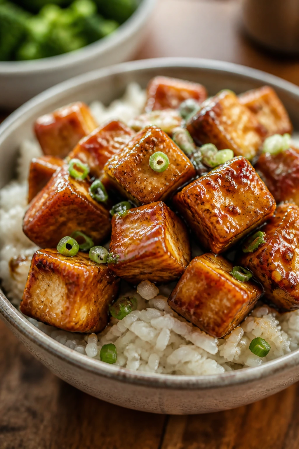 Close-up of honey garlic tofu bites over rice on a plate