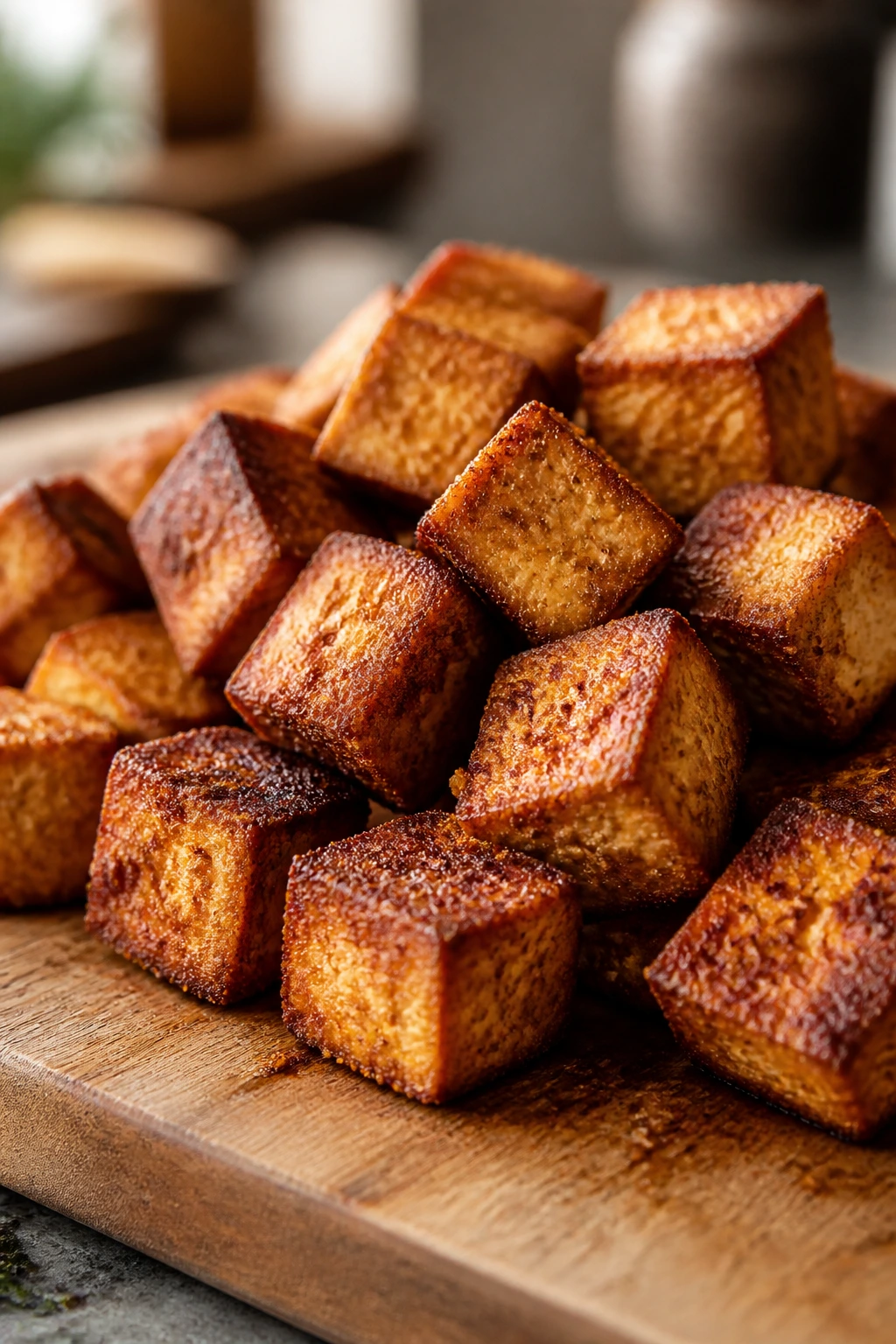 Close-up of bronzed crispy tofu bites on a wooden board