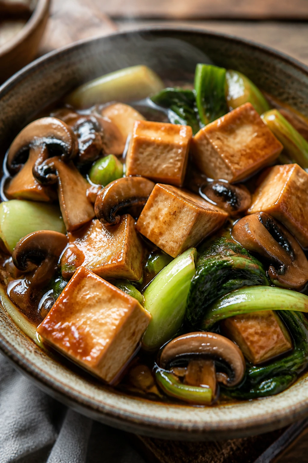 Tofu with mushrooms and bok choy in glossy sauce on rustic bowl
