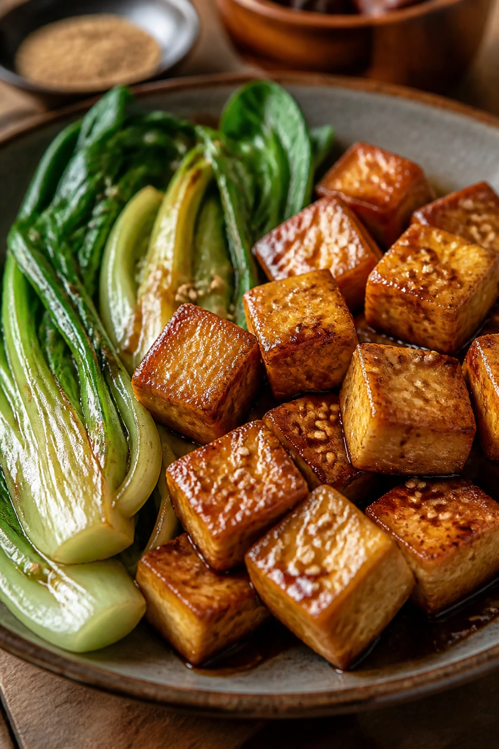 Tofu cubes with bok choy on a plate in sesame glaze