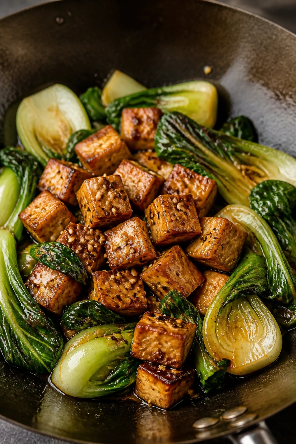 Tofu and bok choy stir-fry with sesame glaze in a pan.