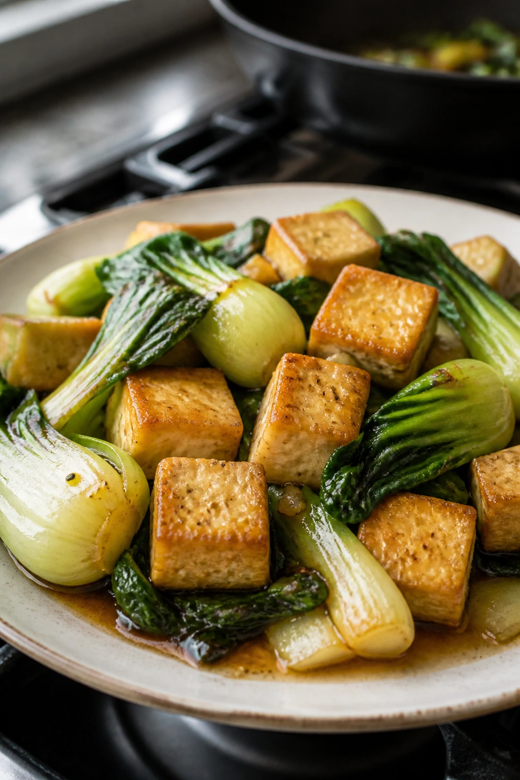 Browned tofu with crisp bok choy in light sauce