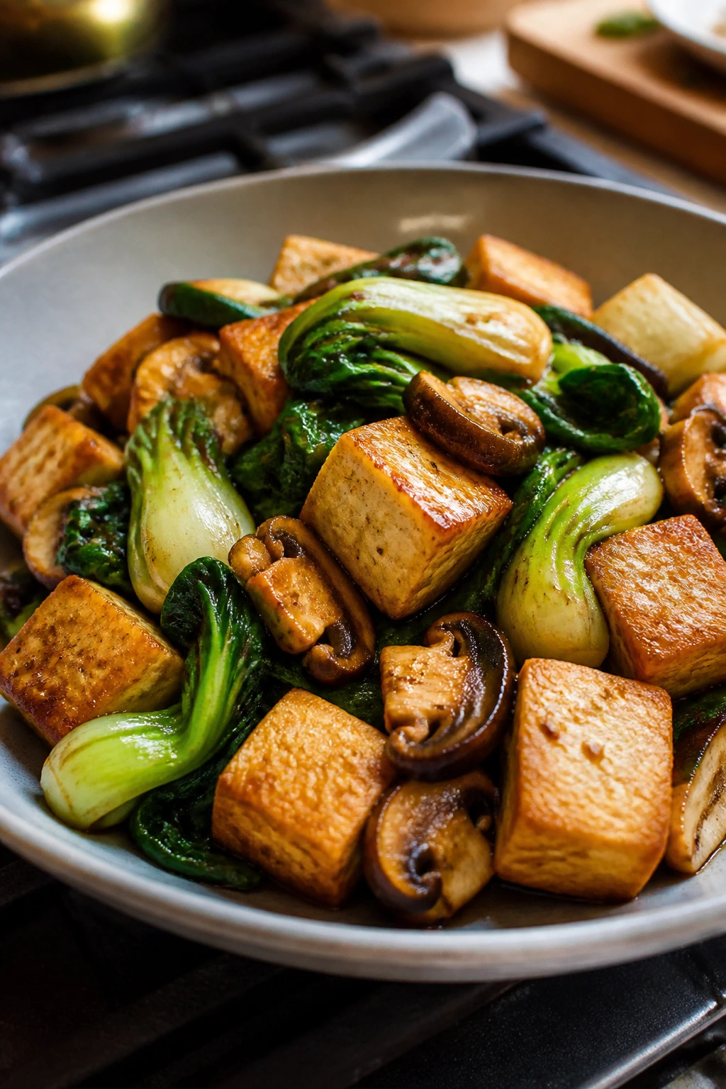 Close-up of crispy tofu with bok choy and mushrooms