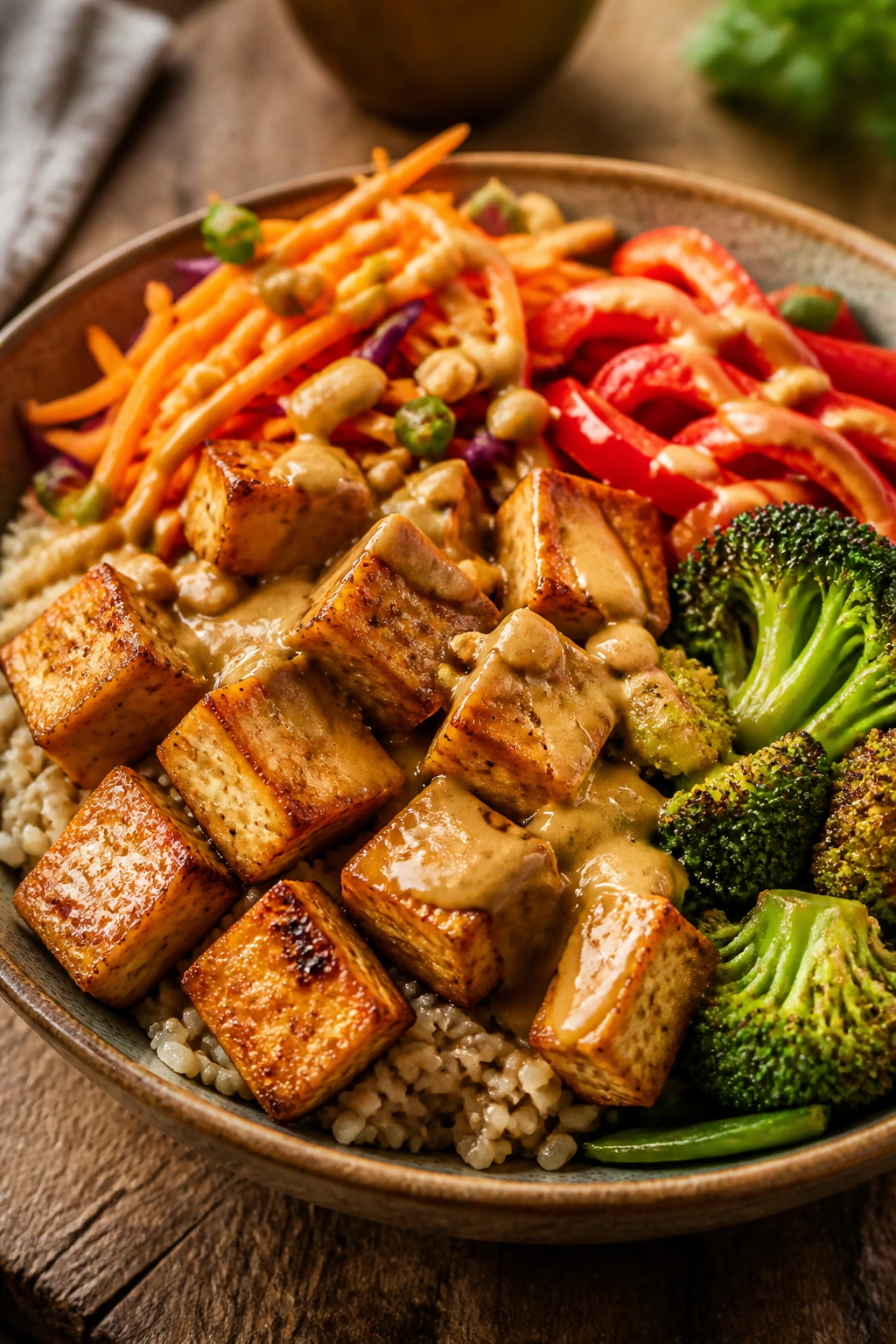 Close-up of tofu Buddha bowl with peanut sauce in a sunlit kitchen